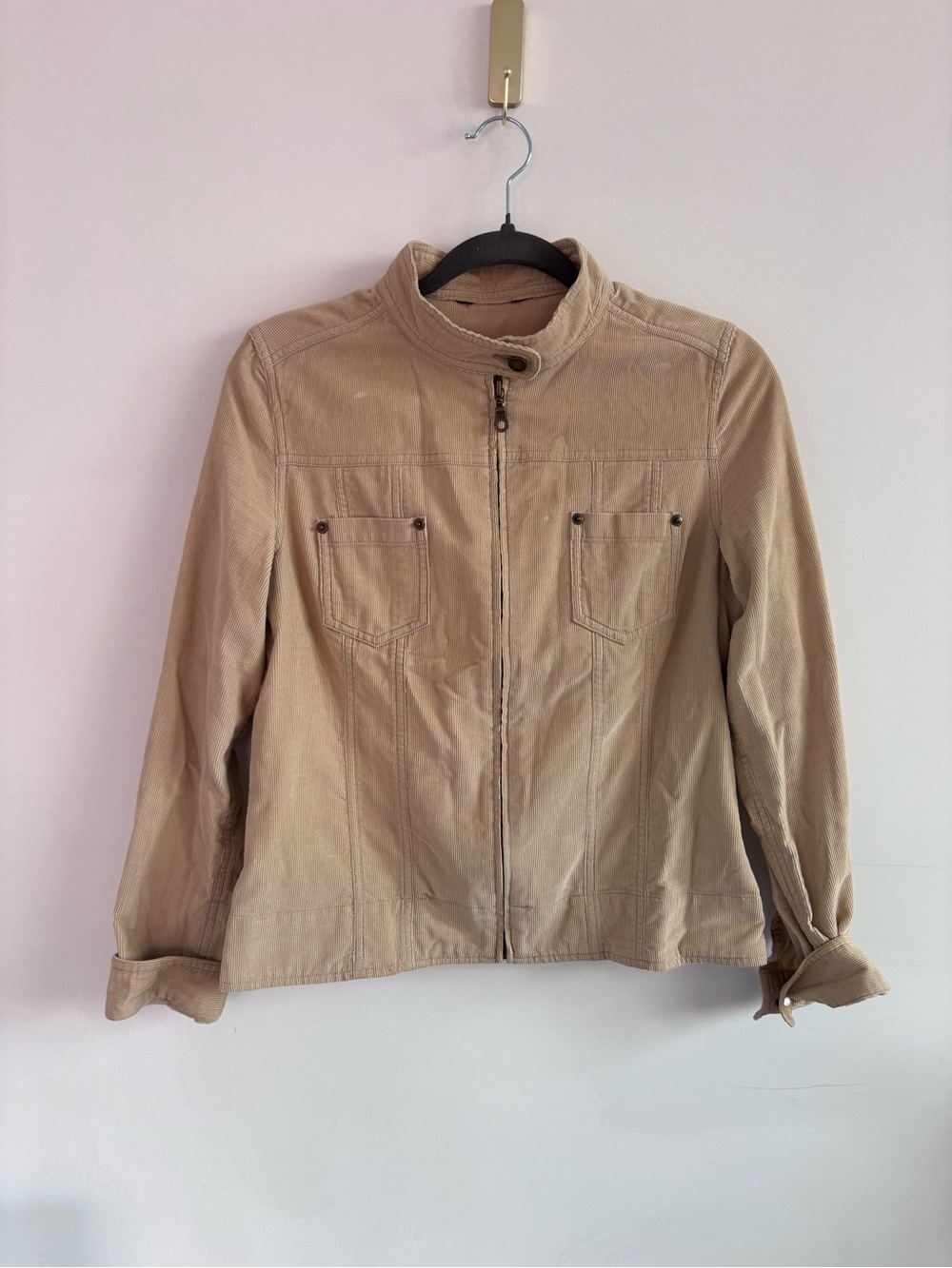 Y2K Jessica Motor-Cycle Style Beige Zip-Up Front Jacket Corduroy